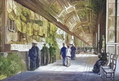 Exhibition of gifts for Pope Pius IX in the Vatican in 1877. Presentation of the countless artistic