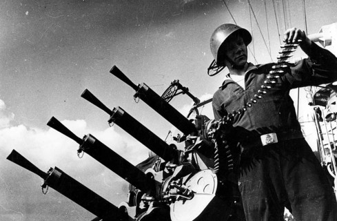 Navy, soldier testing ammunition, Red Fleet warship, Ukraine, Black Sea, 1944 Second World War. In