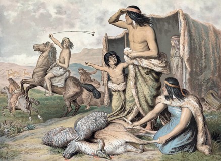 Local Tehuelche Patagonians hunting guanaco in the 19th century. Scene illustrates the use of
