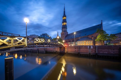 St. Katharinen's main church with Maiden Bridge at the Blue Hour at Zollkonal, Hamburg, Germany