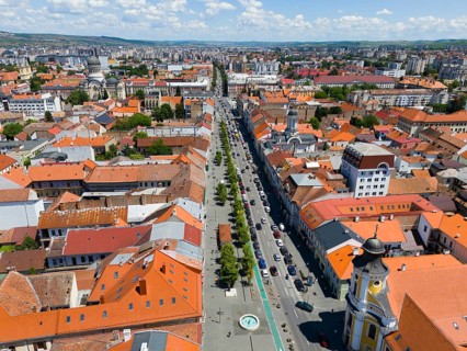 Aerial view of a busy main street with red roofs under blue sky, aerial view, view of the