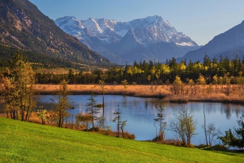 Moor area Seven springs with the Zugspitze group 2962m in spring, Eschenlohe, Loisachtal, The Blue