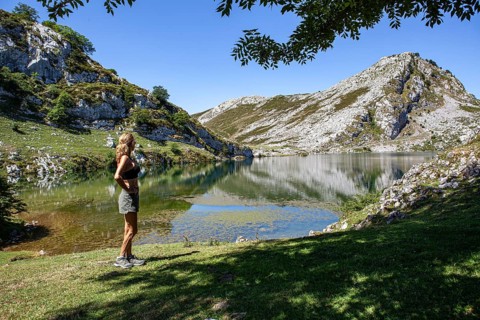 Middle aged woman contemplates the Ercina lake, Covadonga lakes ensemble, Picos de Europa National
