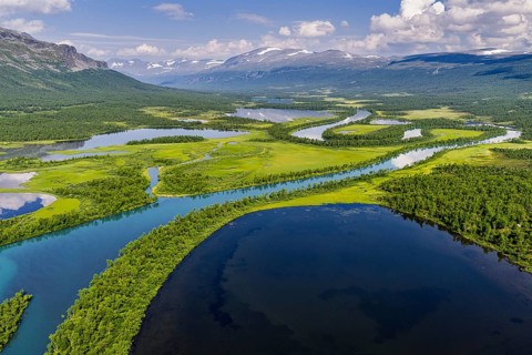Aerial view of river Vistasjohka, branching river arms, turquoise colored river, Vistasvagge