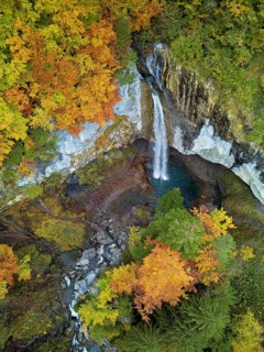 Aerial view of Berglistüber waterfall in autumn-colored surroundings, Linthal, Klausenpass, Canton
