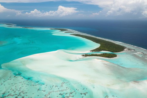 Aerial view of One Foot Island and Lagoon of Aitutaki, Cook Islands