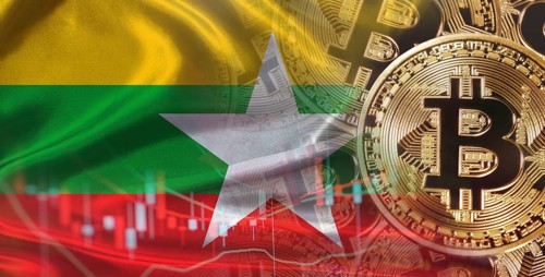 Bitcoin cryptocurrency with Burmese flag. Investors in Blockchain Technology with Myanmar flag