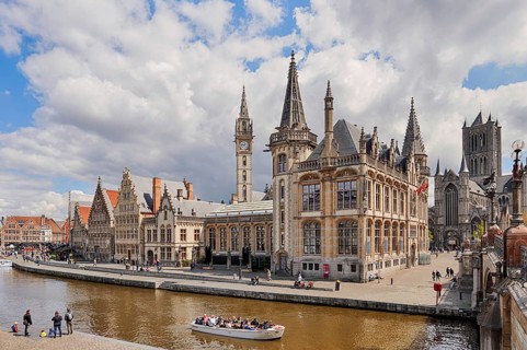 Graslei, former post office and old guild houses on the Leie River, Ghent, East Flanders, Flanders,