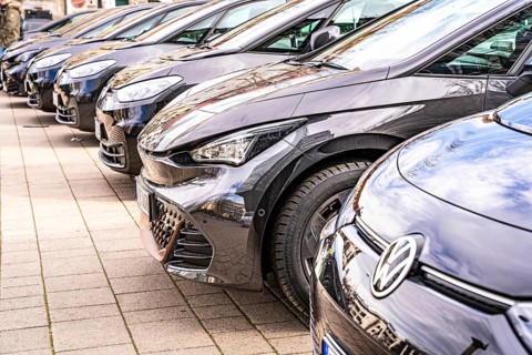 Several cars parked in a parking lot in the city, Deer, E-Carsharing, Stuttgart, Germany