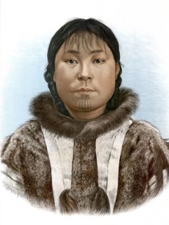 Historical portrait of an indigenous person from the Arctic, possibly an Inuit woman from Alaska or