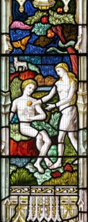 Stained glass window Adam and Eve Garden of Eden temptation with apple, c 1883, St Andrew's church,