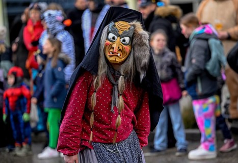 Member of a fools' guild in traditional Haes, fools' clothes, during the carnival procession in