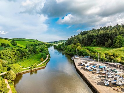 Totnes over River Dart from a drone, Devon, England, United Kingdom