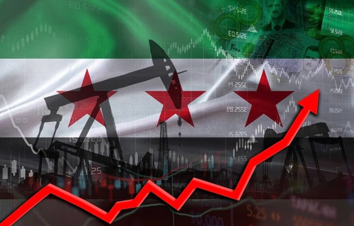 Oil production with Syrian flag, petrol industry. Oil pumps with Syria flag