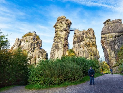 Cultural monument, Externsteine nature reserve, hikers in autumn, Horn-Bad Meinberg, Teutoburg