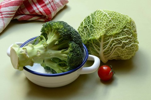 Savoy cabbage, and broccoli in pot