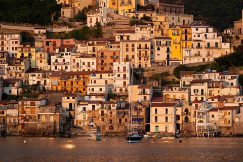 Old town, residential buildings, just after sunrise, Scilla, on the Strait of Messina, Calabria,