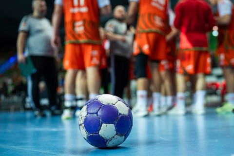 The ball on the court during a break of the handball match in Lubin, Poland