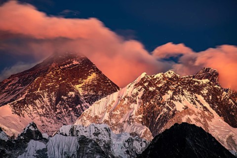 View from Renjo La Pass 5360 m, of Mount Everest and Lhotse in the evening light, Solu Khumbu,