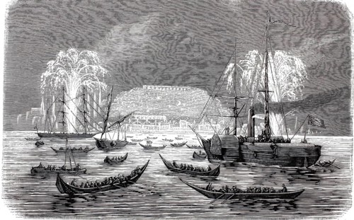 Illuminations and fireworks in the port of Constantinople, Istanbul, in honor of the visit of the