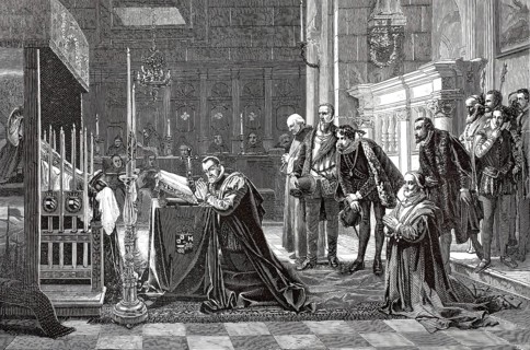 The kneeling ruler in the foreground is depicted as King Philip II (Felipe II) . He spent the last