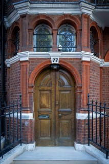 Elaborately designed house entrance, Victorian brick town house, Cadogan Gardens, Borough of