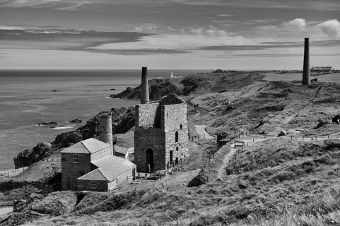 Steam boiler house, winch building, pump building, cooling pond, ruin, Levant mine, tin mine,