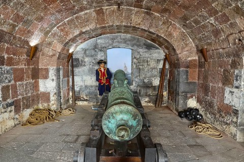 Museo militar, military museum, soldier standing next to a cannon in a historic fortress room,