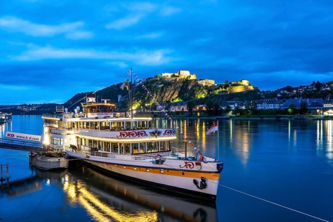 The Ehrenbreitstein Fortress, on the right side of the Rhine, opposite the Deutsches Eck, evening