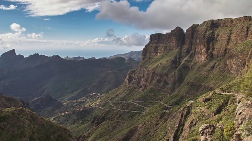 Serpentine road in impressive mountain landscape with wide views, Masca, Barranco de Masca, Gorge,