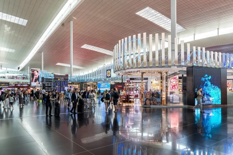 Terminal T1 with duty free shops at the airport in Barcelona, Spain