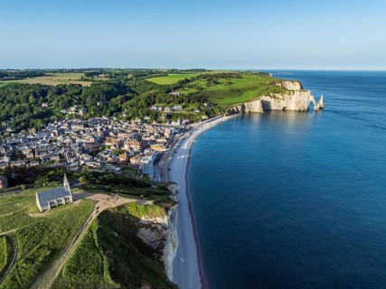 Aerial view of the Notre Dame de la Garde chapel after sunrise at the Falaise d'Amont viewpoint, on