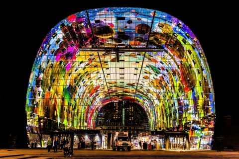Markthal from 2014, offers over 100 food stalls and delicatessens with spectacular ceiling fresco