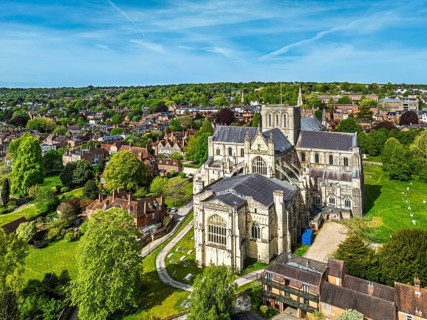 Winchester Cathedral from a drone, Winchester, Hampshire, England, United Kingdom