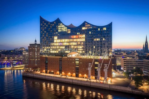 Aerial view of sunrise on the Elbe with Elbe Philharmonic Hall, Hamburg, Germany