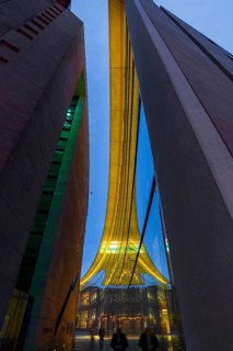 Reflection in the façade of the State Museum of Art and Design at dusk, Nuremberg, Middle