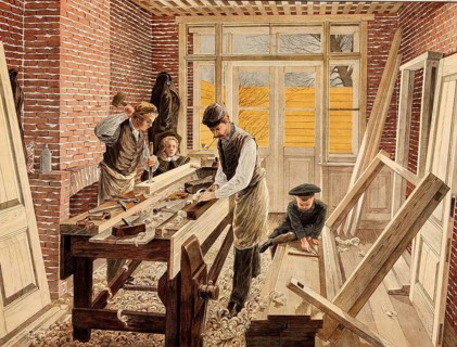 Workshop in which carpenters use woodworking tools such as planers and chisels, around 1900,