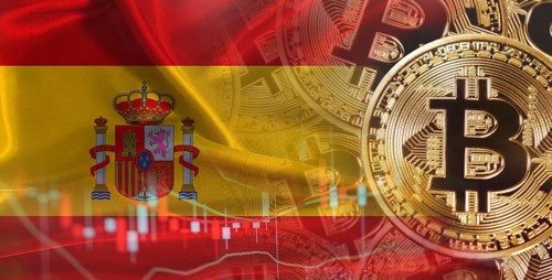 Bitcoin cryptocurrency with Spain flag, Investors in Blockchain Technology. Spanish flag with