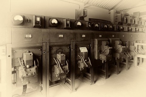 Interior view, sign, warning sign, hazard, compressor house, compressor house, museum, Geevor Tin