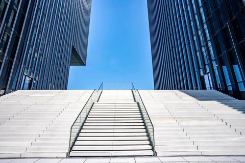 Building in the media harbor in Düsseldorf, staircase at the Hyatt Regency Hotel, buildings, modern