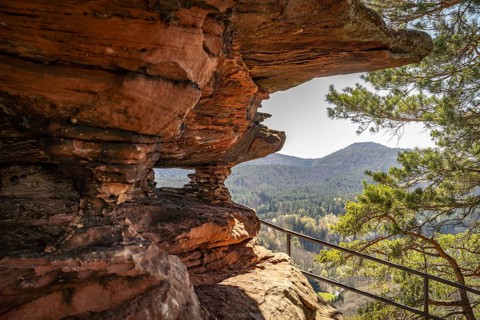 The Hochstein rock formation in the Dahner Felsenland in Dahn, Rhineland-Palatinate, Germany