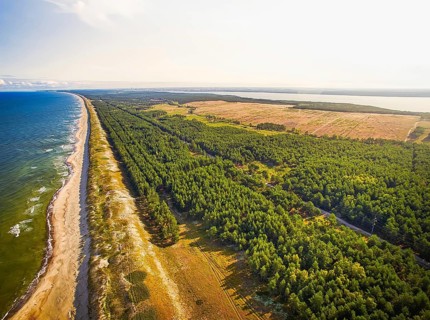 Overhead aerial view Baltic Sea Curonian Spit nature, UNESCO World Heritage Site. Lithuania