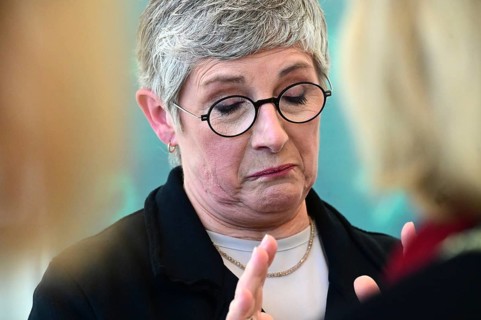 Britta Hasselmann talking to journalists following the usual Tuesday statement from Alliance 90/The