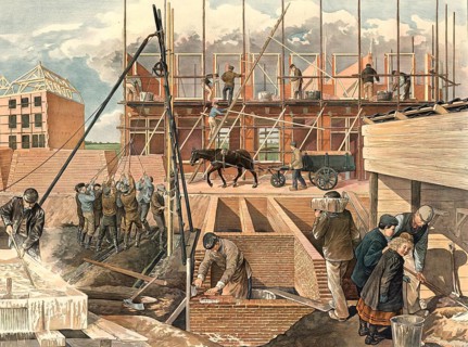 Construction site with numerous workers around 1910, various traditional crafts, including masons
