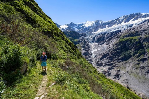 Hiker, elderly man on hiking trail, mountain landscape with Grindelwald-Fiescherfirn glacier,