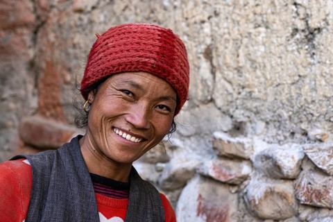 Portrait, young friendly woman in traditional dress, Tangge, Mustang, Upper Mustang, former