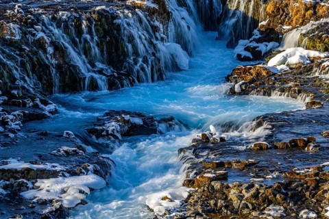 Brúarfoss, waterfall, snow, winter, Golden Circle, Iceland, Scandinavia