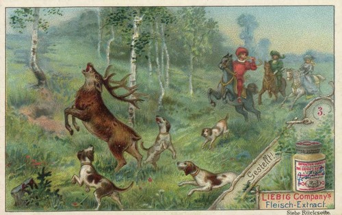Picture series The Hunt, scene showing the highlight of a successful hunt, deer, picture of love,