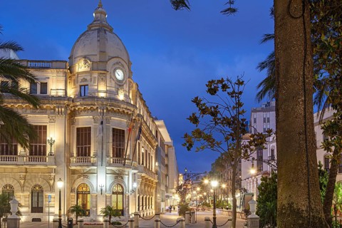 Night view of the Assembly palace at the historic centre of Ceuta, Spain, North Africa
