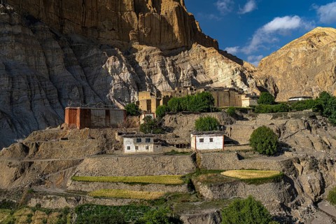 Settlement, small village with terraced fields, traditional clay houses near Chhusang in the Kali